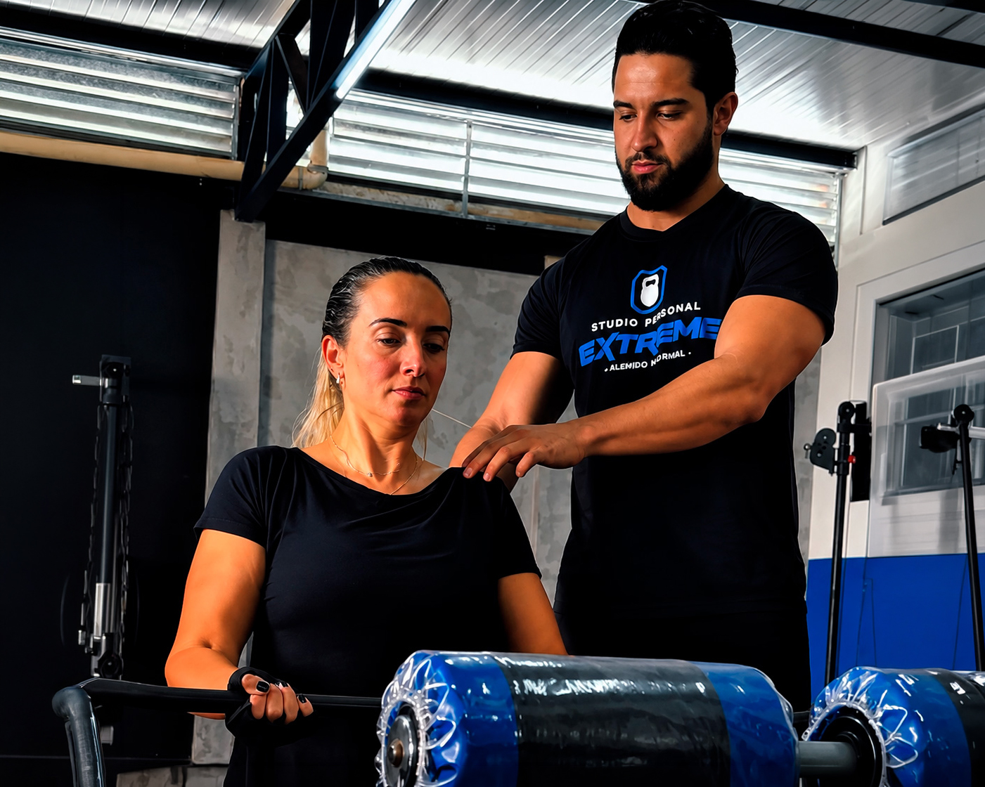 Personal trainer do Studio Personal Extreme acompanhando aluna durante exercício